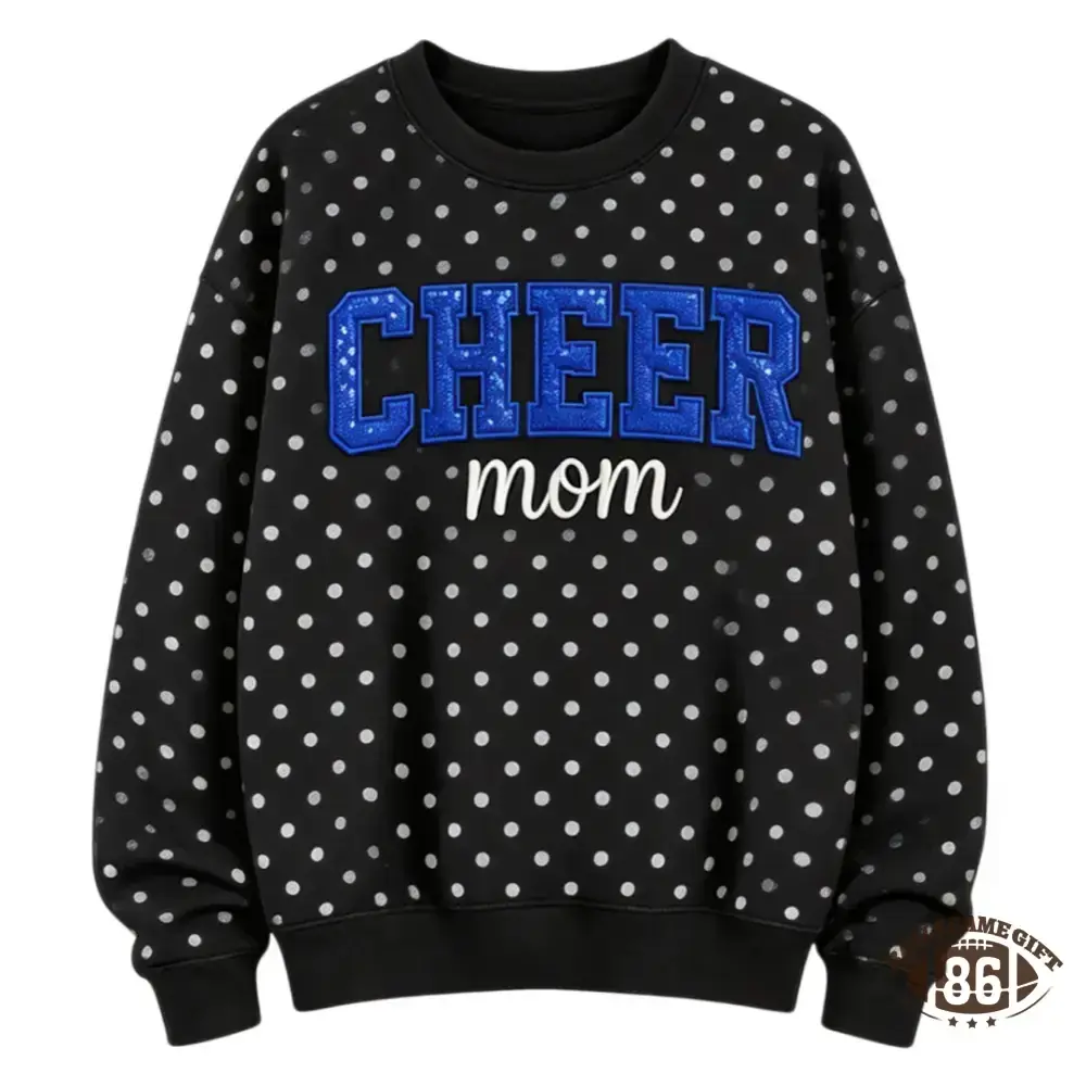 Custom Cheer Mom Polka Dot Sweatshirt, Sequin Bow Name Embroidered Crew Neck Pullover