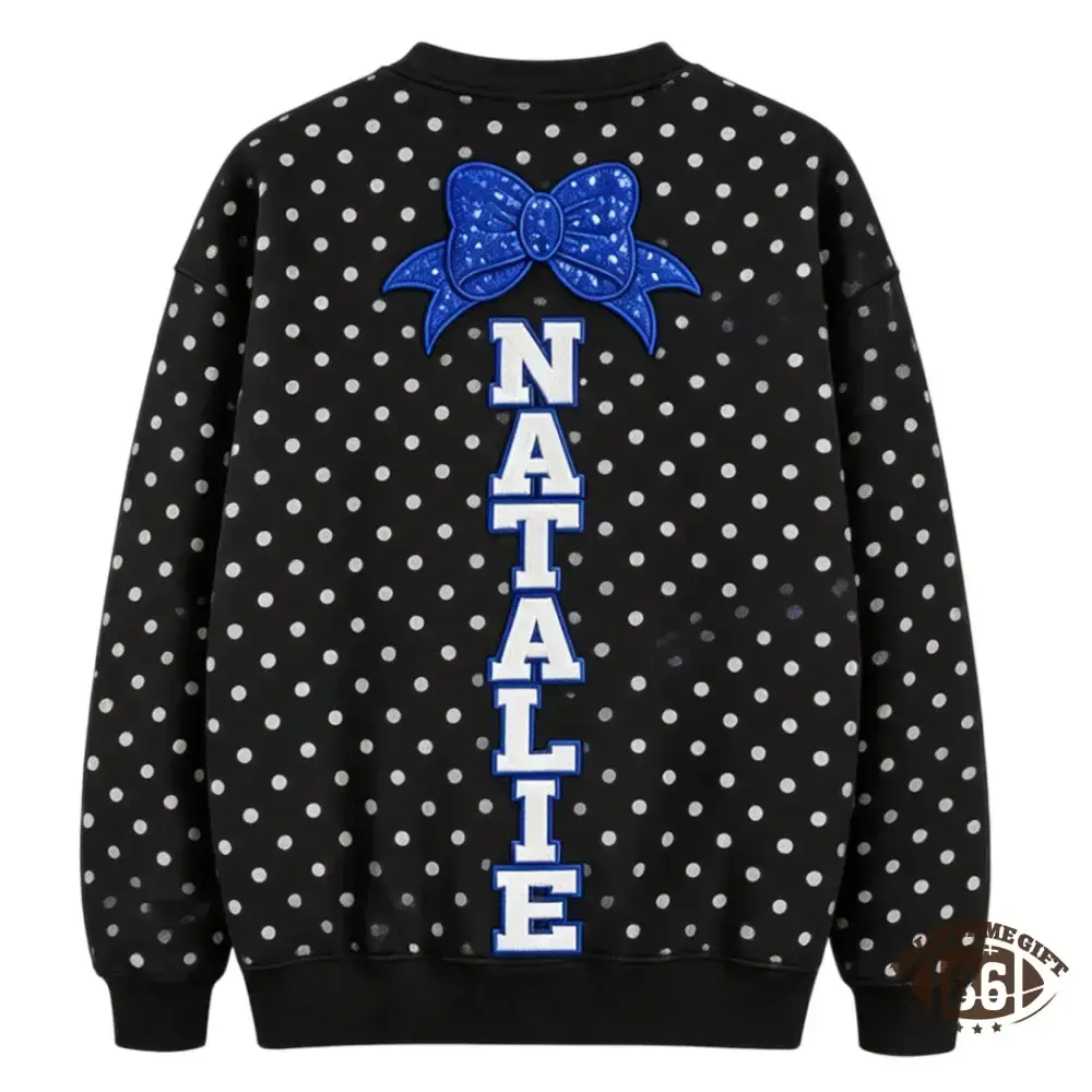 Custom Cheer Mom Polka Dot Sweatshirt, Sequin Bow Name Embroidered Crew Neck Pullover