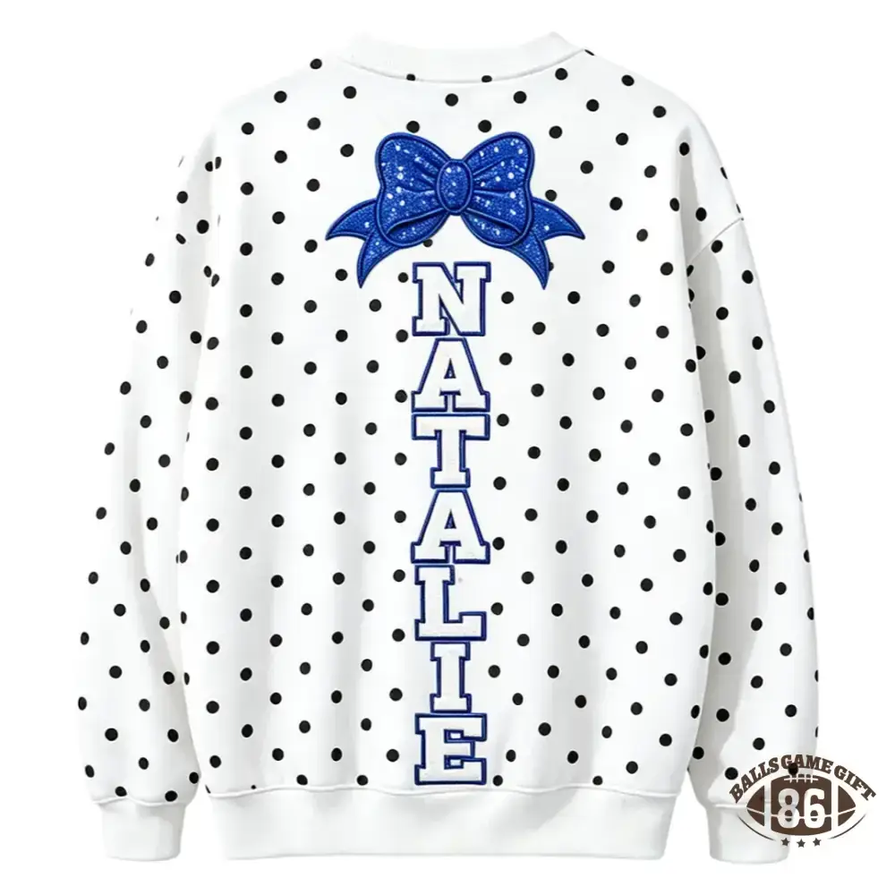 Custom Cheer Mom Polka Dot Sweatshirt, Sequin Bow Name Embroidered Crew Neck Pullover