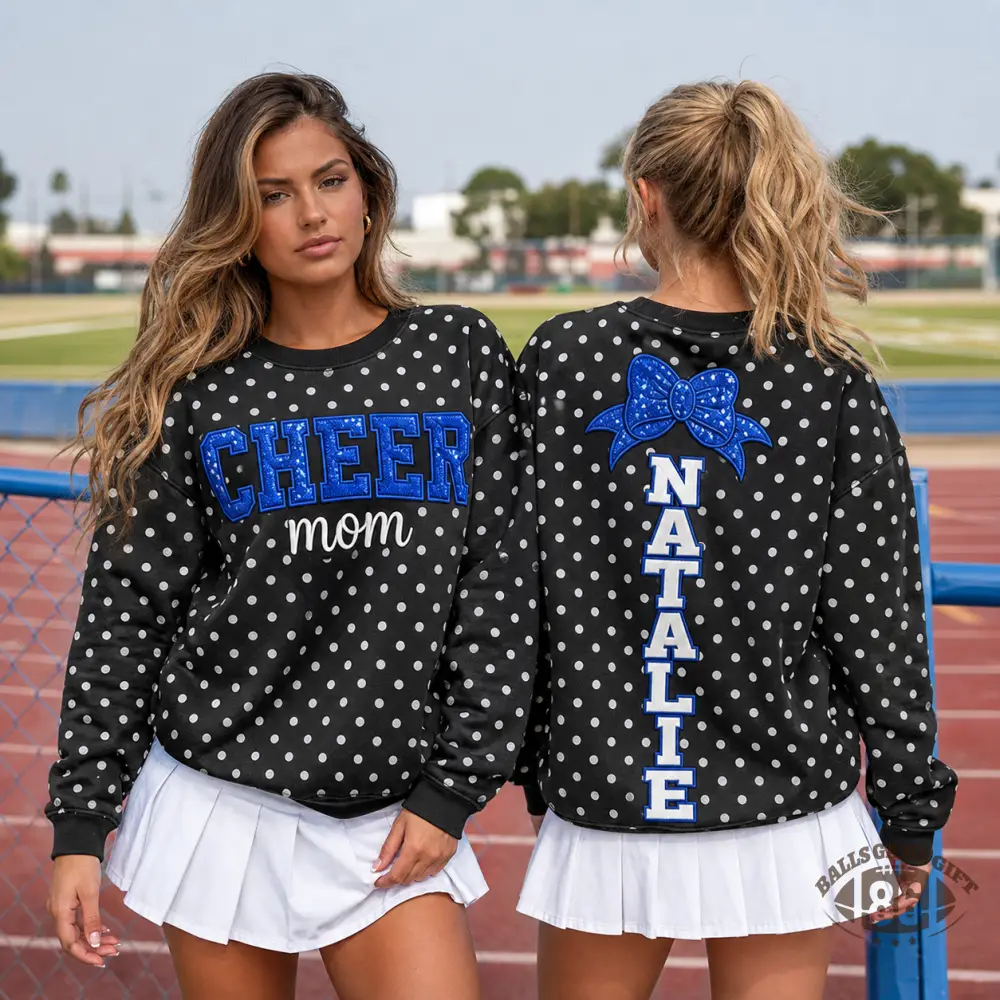 Custom Cheer Mom Polka Dot Crewneck Sweatshirt Sequin Bow Personalized Name Sweatshirt