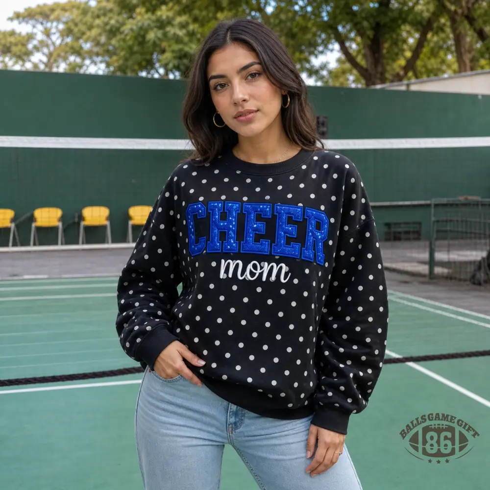 Custom Cheer Mom Polka Dot Crewneck Sweatshirt Sequin Bow Personalized Name Sweatshirt