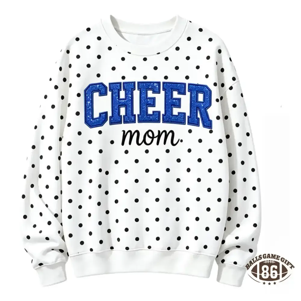 Custom Cheer Mom Polka Dot Sweatshirt, Sequin Bow Name Embroidered Crew Neck Pullover