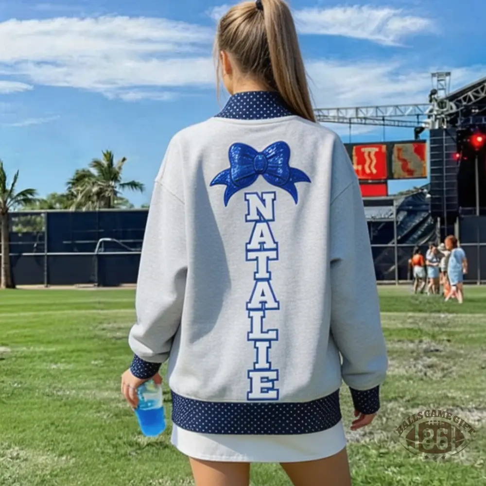 Custom Cheer Mom Polka Dot Mock Neck Sweatshirt, Bow & Personalized Name Embroidered Pullover
