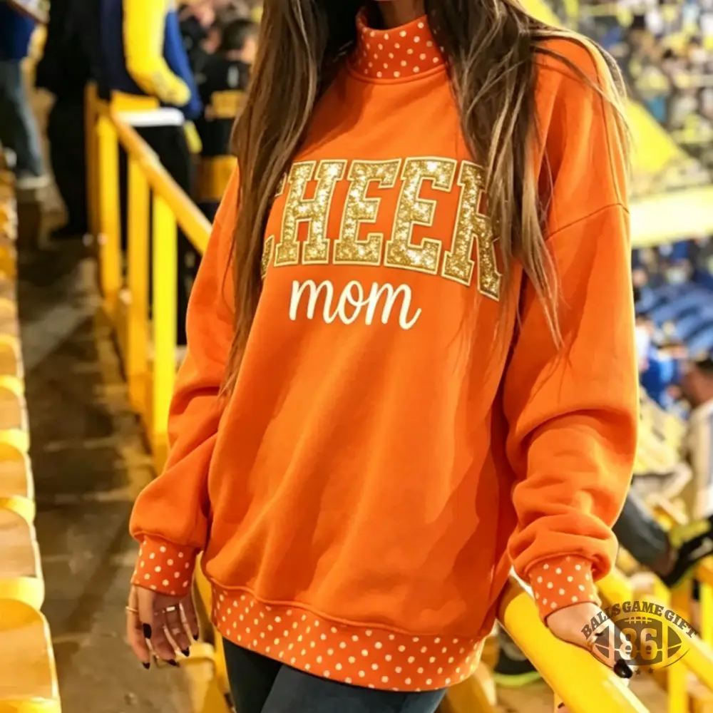 Custom Cheer Mom Polka Dot Mock Neck Sweatshirt, Bow & Personalized Name Embroidered Pullover