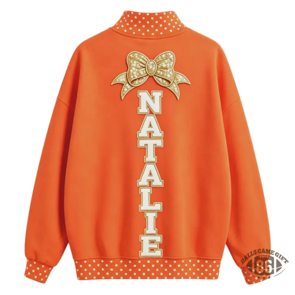 Custom Cheer Mom Polka Dot Mock Neck Sweatshirt, Bow & Personalized Name Embroidered Pullover