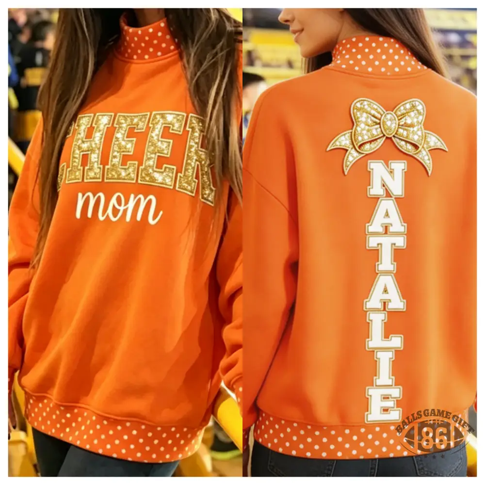 Custom Cheer Mom Polka Dot Mock Neck Sweatshirt, Bow & Personalized Name Embroidered Pullover