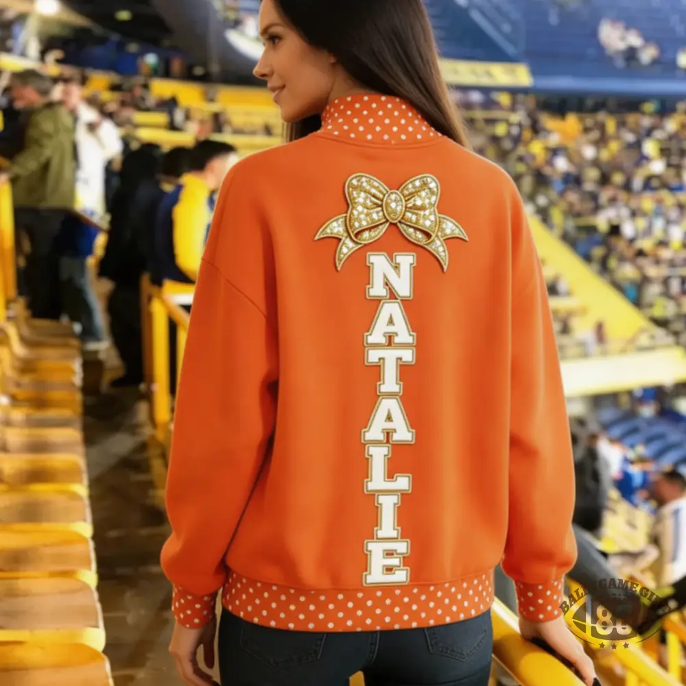 Custom Cheer Mom Polka Dot Mock Neck Sweatshirt, Bow & Personalized Name Embroidered Pullover