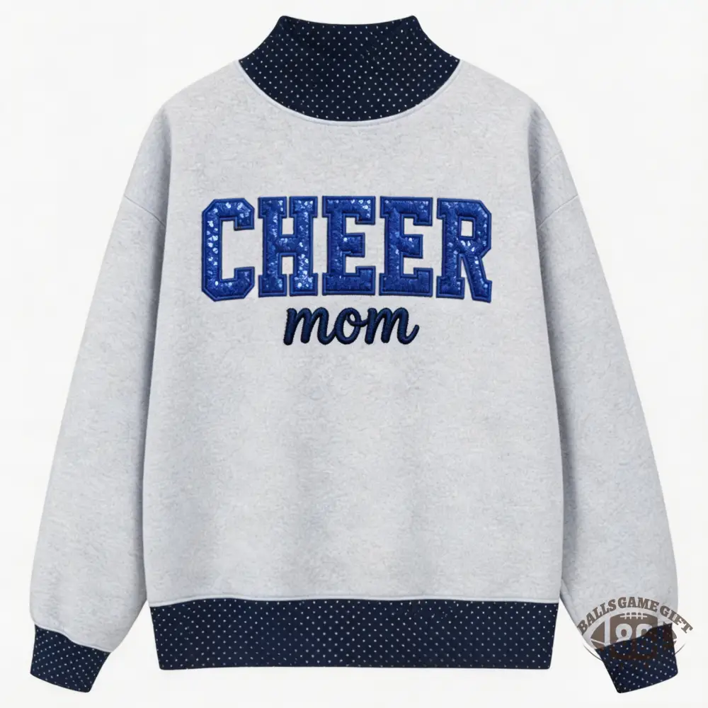 Custom Cheer Mom Polka Dot Mock Neck Sweatshirt, Bow & Personalized Name Embroidered Pullover