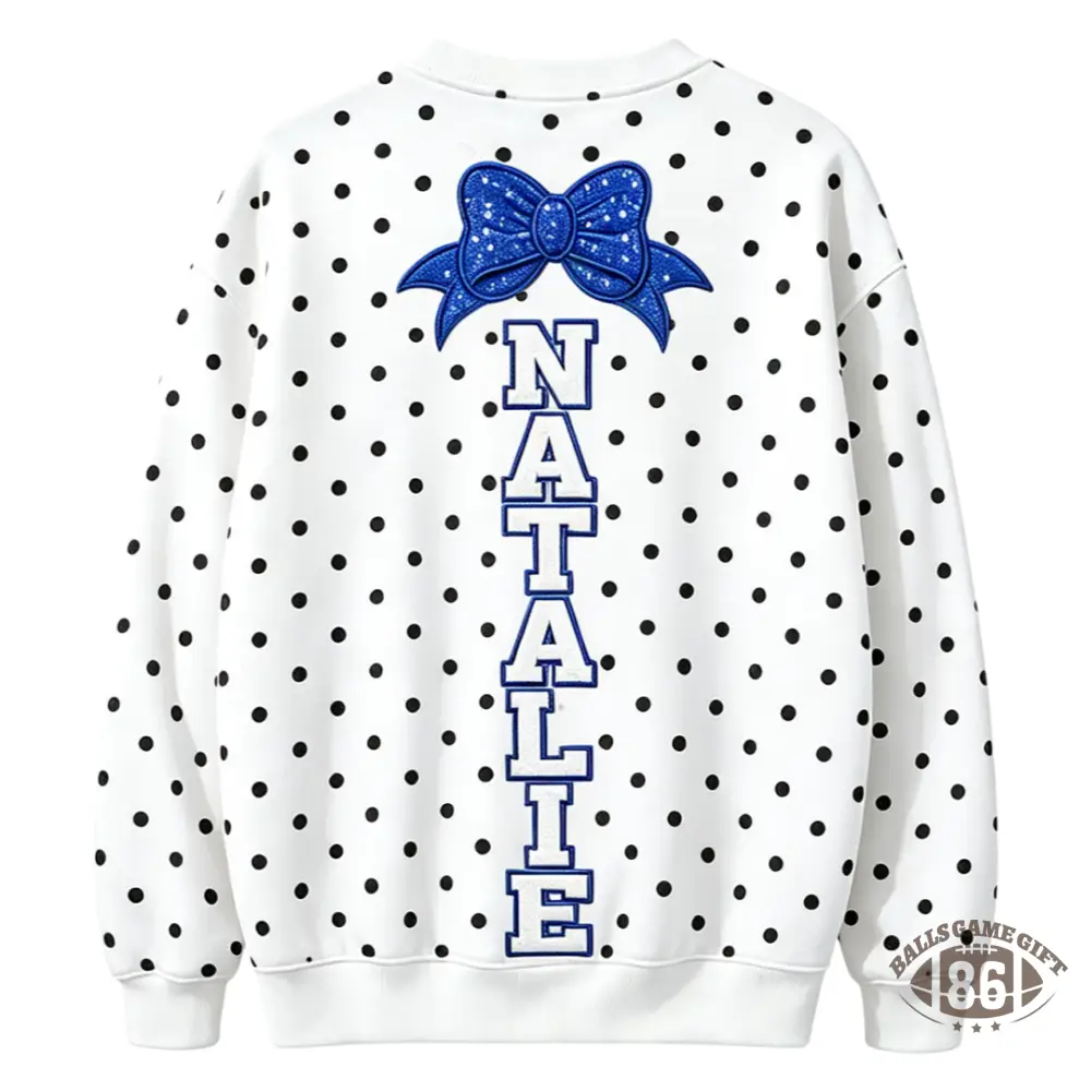 Custom Cheer Mom Polka Dot Sweatshirt, Sequin Bow Name Embroidered Crew Neck Pullover