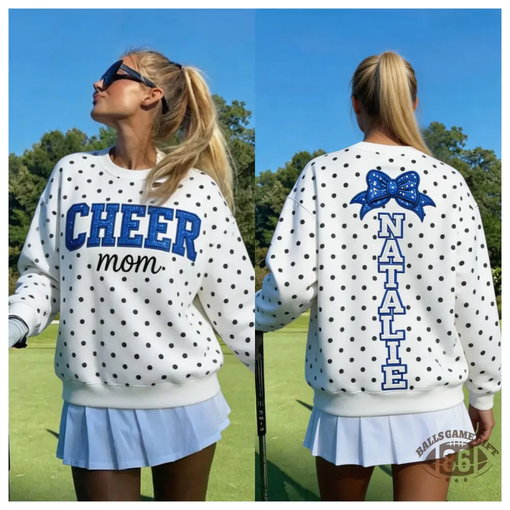 Custom Cheer Mom Polka Dot Sweatshirt, Sequin Bow Name Embroidered Crew Neck Pullover