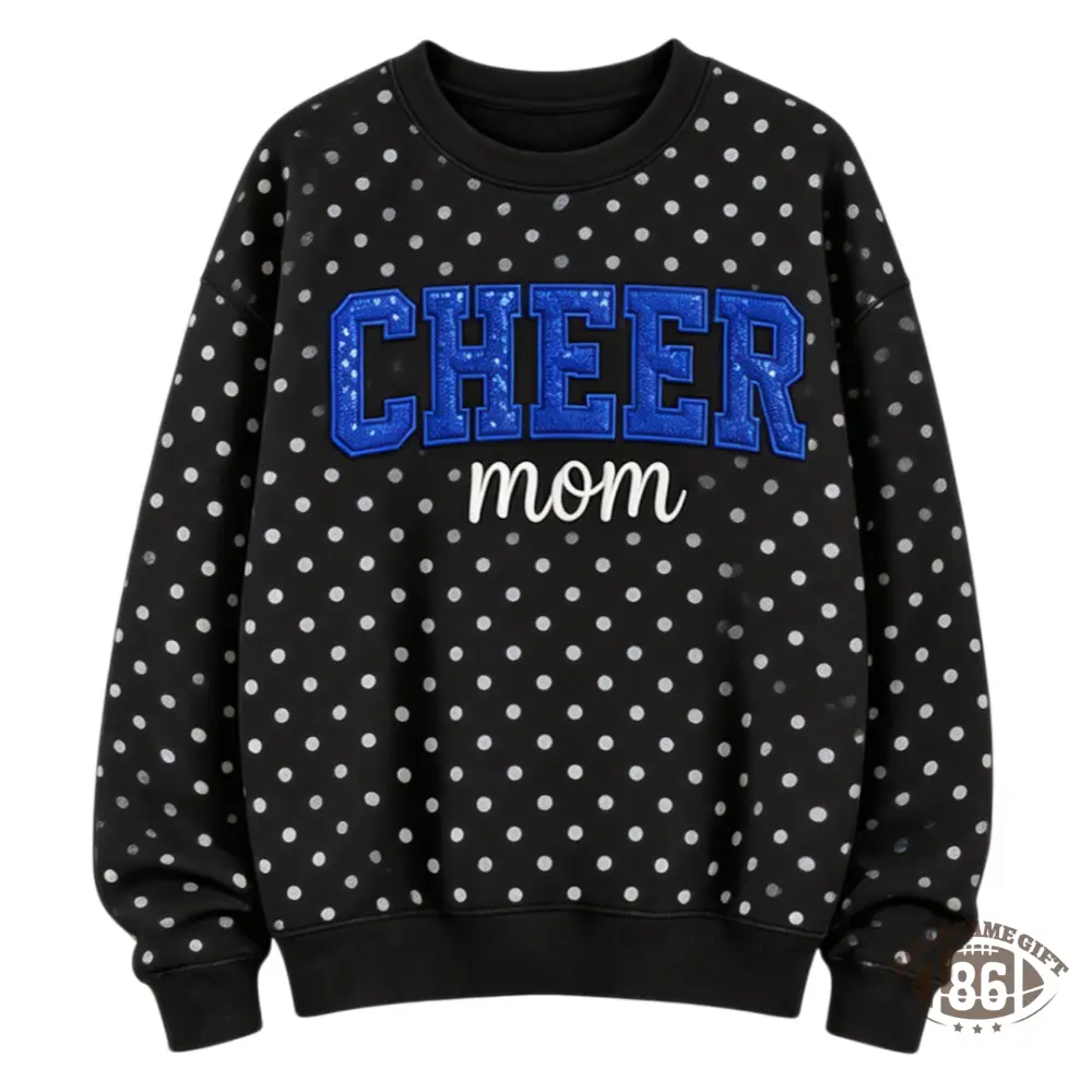 Custom Cheer Mom Polka Dot Sweatshirt, Sequin Bow Name Embroidered Crew Neck Pullover