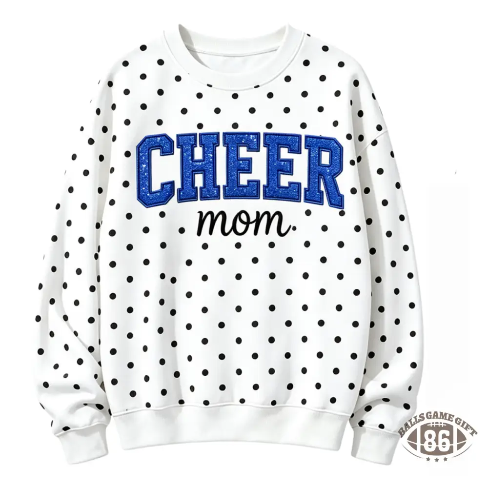 Custom Cheer Mom Polka Dot Sweatshirt, Sequin Bow Name Embroidered Crew Neck Pullover