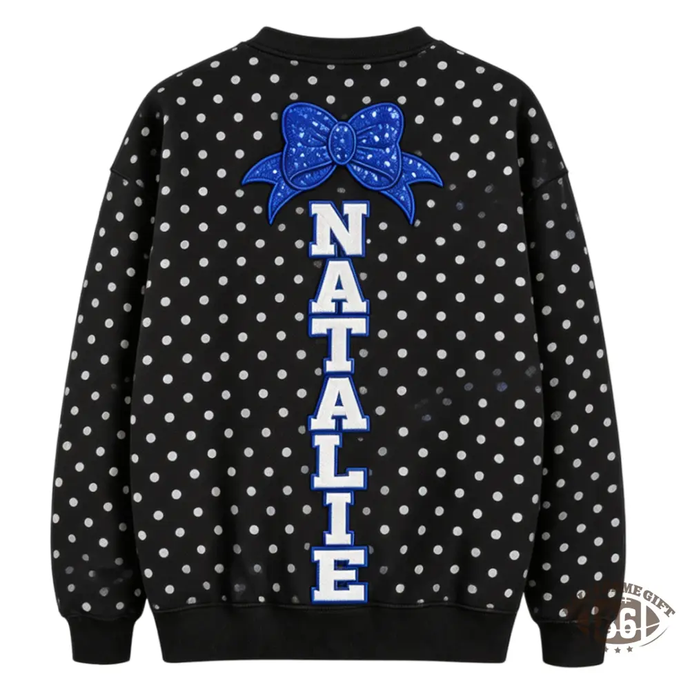 Custom Cheer Mom Polka Dot Sweatshirt, Sequin Bow Name Embroidered Crew Neck Pullover