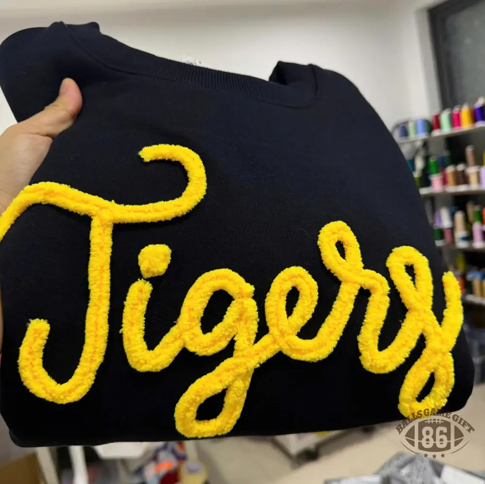 Custom Chenille Football Sweatshirt, Black Gold Game Day Crewneck, Cheer Team Apparel