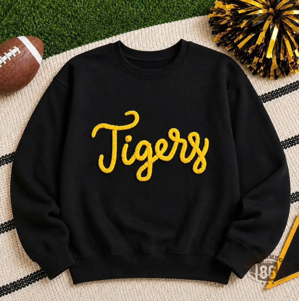 Custom Chenille Football Sweatshirt, Black Gold Game Day Crewneck, Cheer Team Apparel