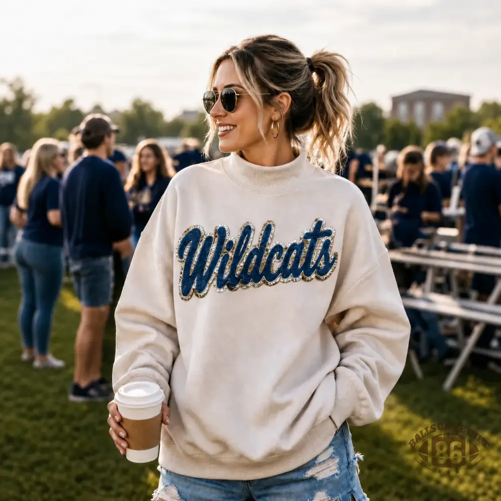 Custom Denim Applique Team Name Game Day Mock Neck Sweatshirt 