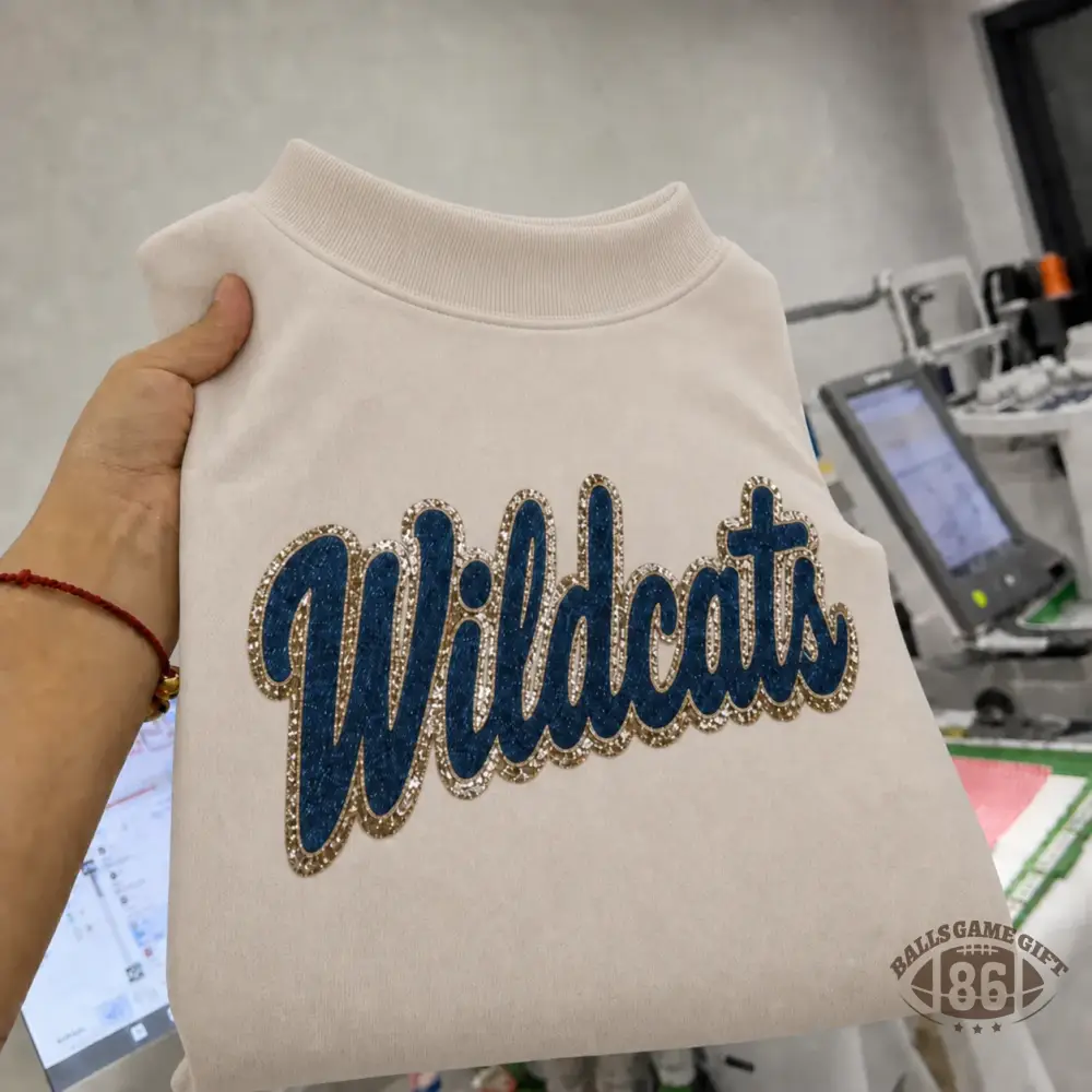 Custom Denim Applique Team Name Game Day Mock Neck Sweatshirt 
