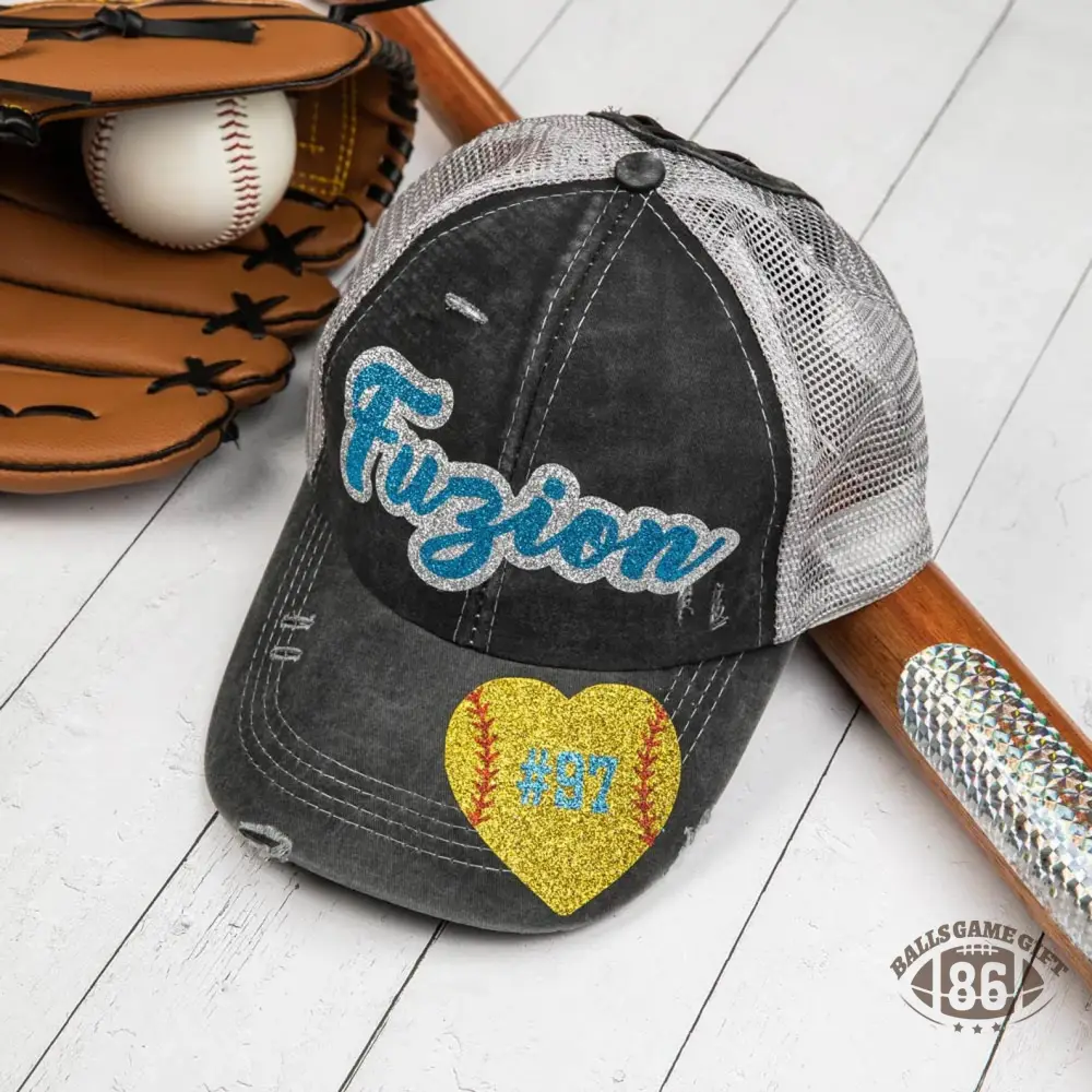Custom Distressed Mesh Back Trucker Hat with Glitter Name & Number, Personalized Sports Team Gift