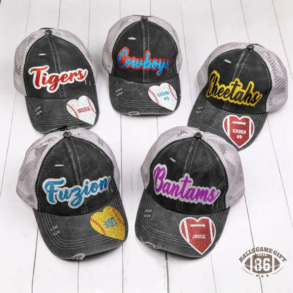 Custom Distressed Mesh Back Trucker Hat with Glitter Name & Number, Personalized Sports Team Gift