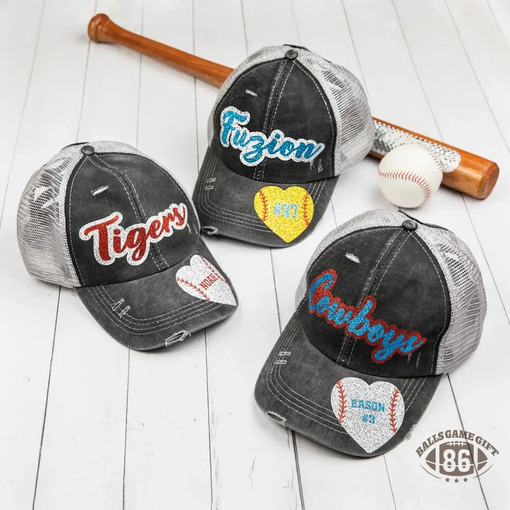 Custom Distressed Mesh Back Trucker Hat with Glitter Name & Number, Personalized Sports Team Gift