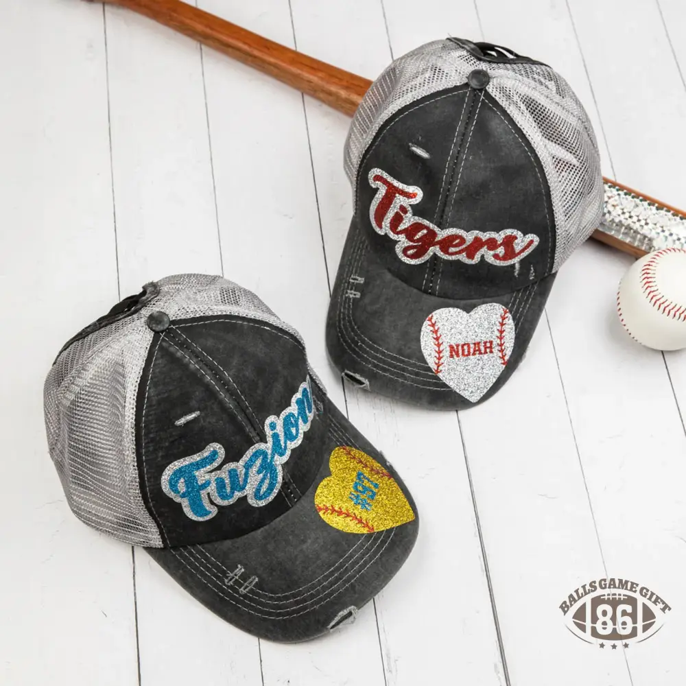 Custom Distressed Mesh Back Trucker Hat with Glitter Name & Number, Personalized Sports Team Gift