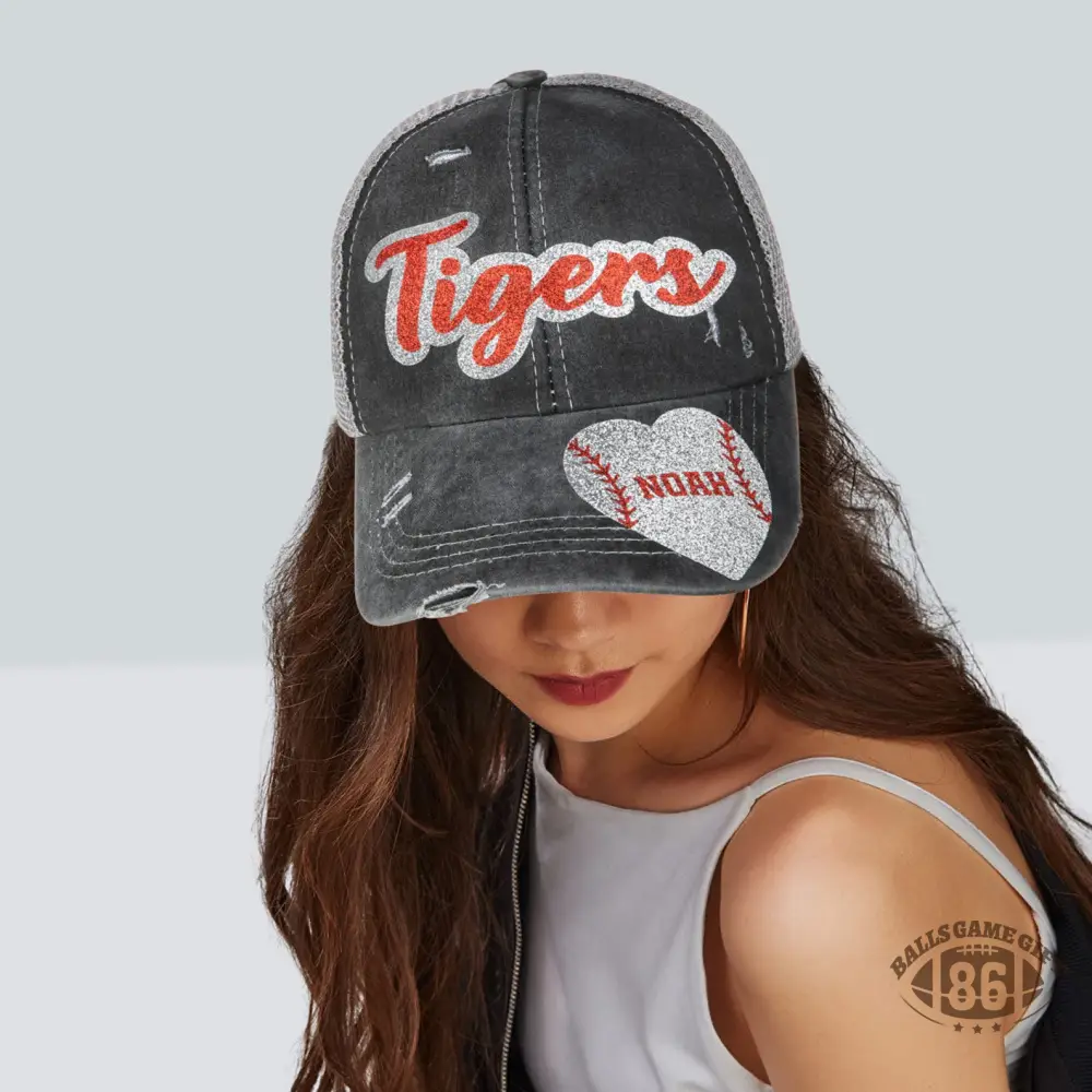 Custom Distressed Mesh Back Trucker Hat with Glitter Name & Number, Personalized Sports Team Gift