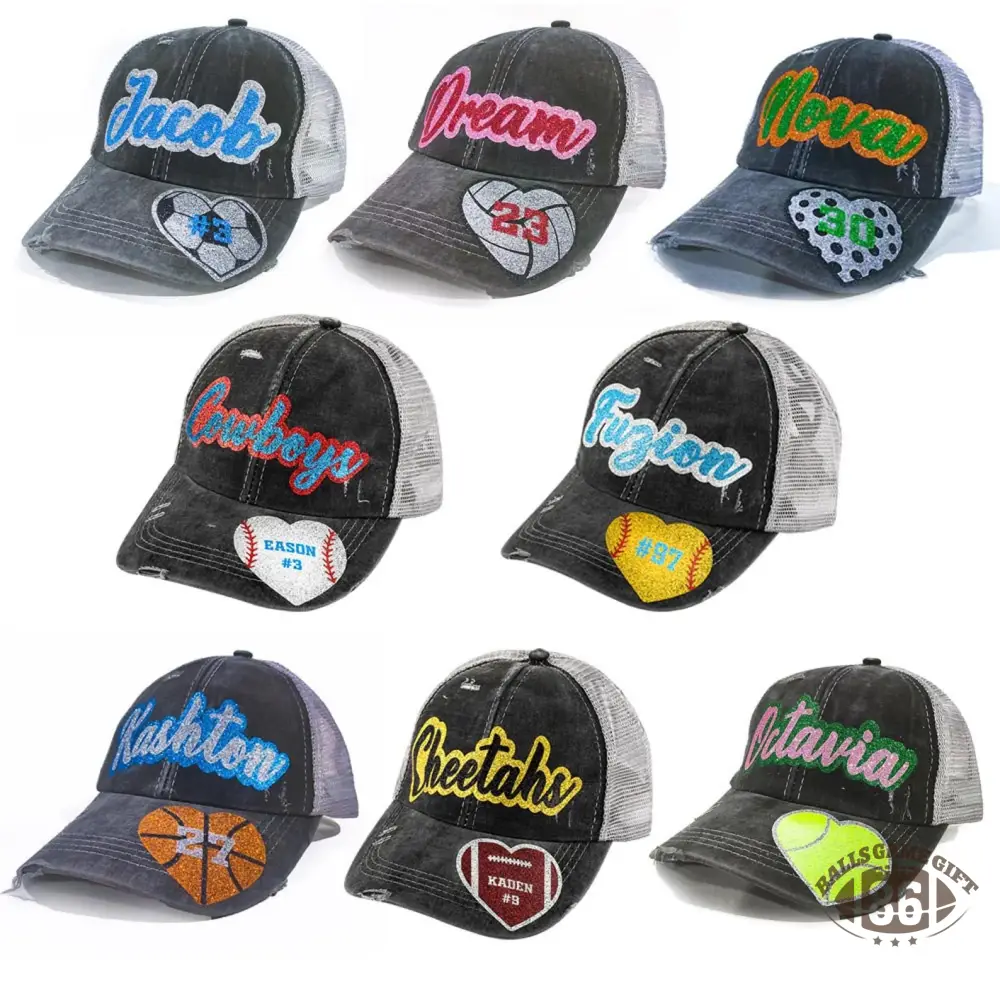 Custom Distressed Mesh Back Trucker Hat with Glitter Name & Number, Personalized Sports Team Gift