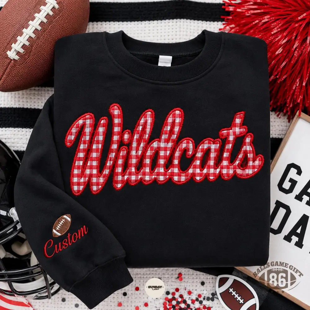 Custom Embroidered Football Sweatshirt, Gingham Team Name Crewneck, Game Day Sweatshirt