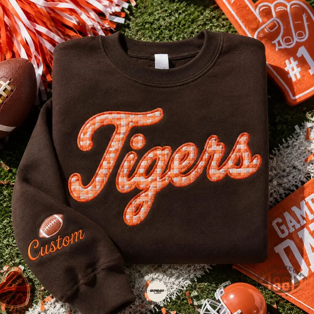 Custom Embroidered Football Sweatshirt, Gingham Team Name Crewneck, Game Day Sweatshirt