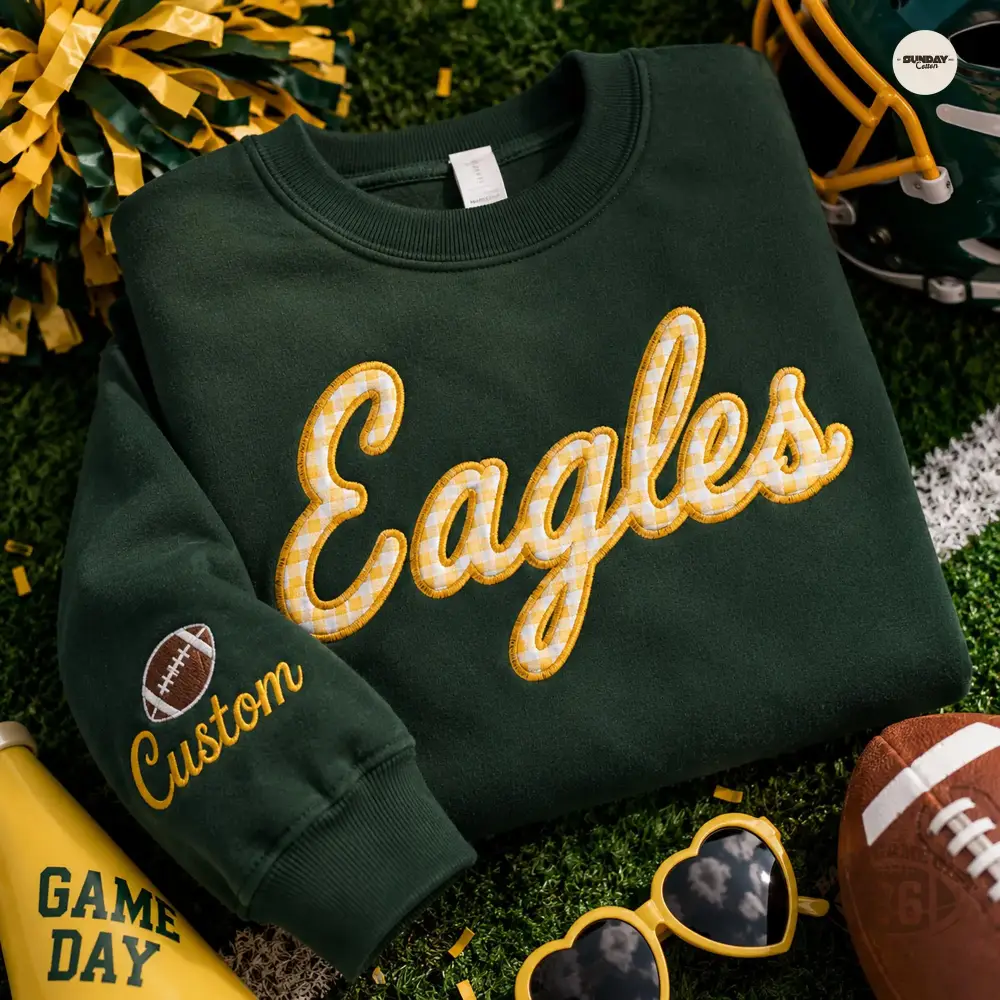 Custom Embroidered Football Sweatshirt, Gingham Team Name Crewneck, Game Day Sweatshirt