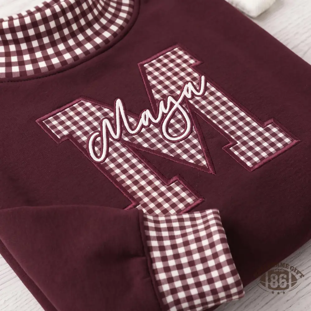 Custom Embroidered Gingham Mock Neck Sweatshirt Varsity Letter Pullover