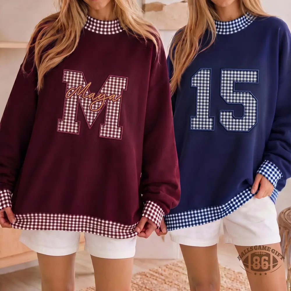 Custom Embroidered Gingham Mock Neck Sweatshirt Varsity Letter Pullover