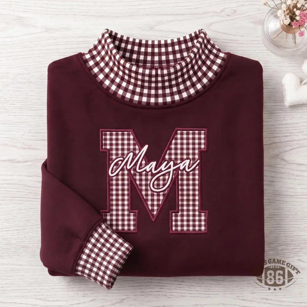 Custom Embroidered Gingham Mock Neck Sweatshirt Varsity Letter Pullover