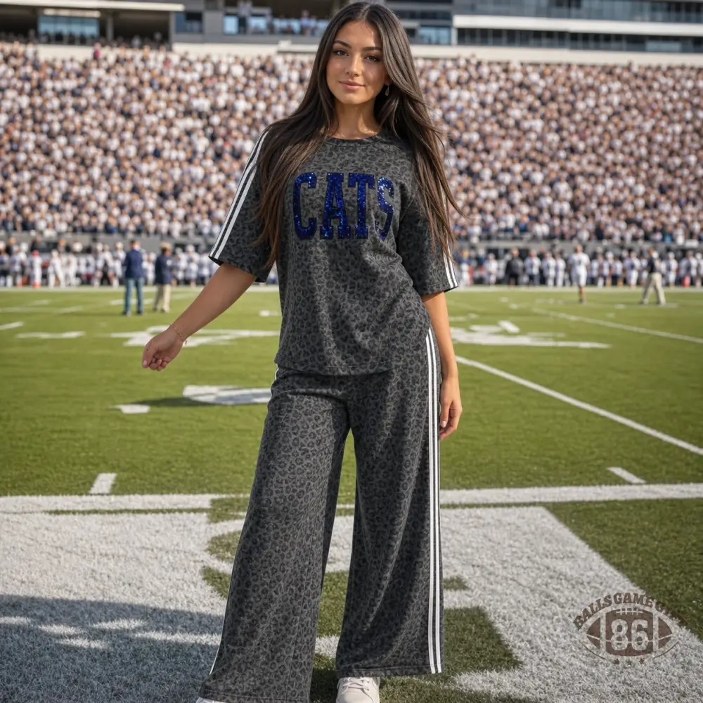 Custom Football Game Day Leopard Print Varsity 3/4 Sleeve Top & Shift Pants Set | Personalized Team Spirit Outfit