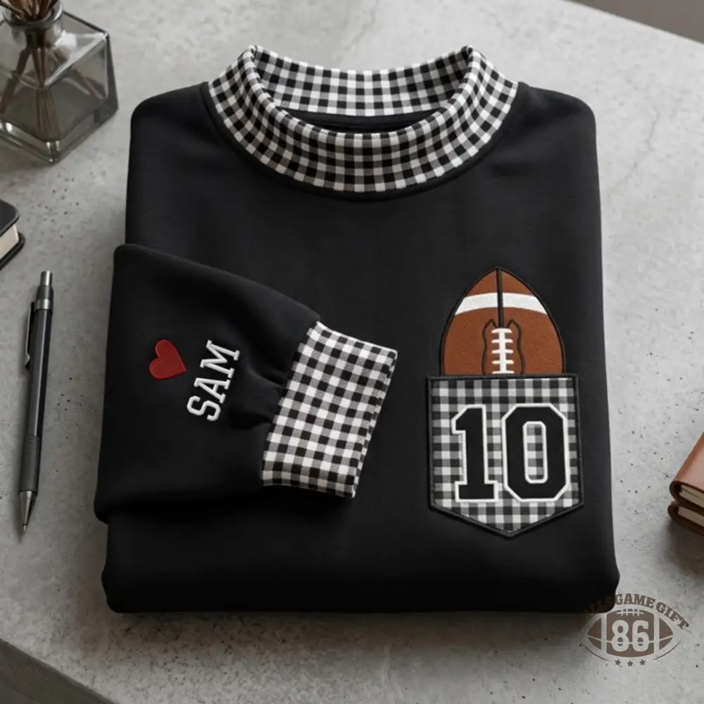 Custom Football Gingham Mock Neck Sweatshirt, Player Number Pocket Applique Embroidered Pullover