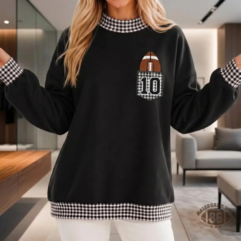 Custom Football Gingham Mock Neck Sweatshirt, Player Number Pocket Applique Embroidered Pullover