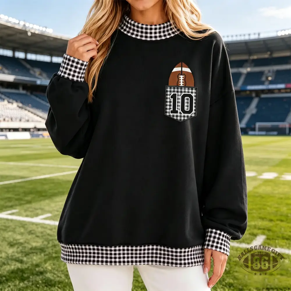 Custom Football Gingham Mock Neck Sweatshirt, Player Number Pocket Applique Embroidered Pullover