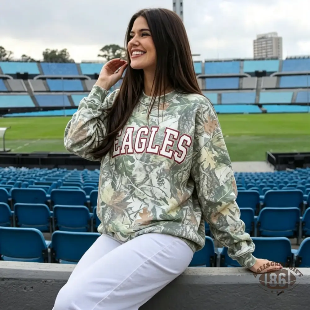 Custom Game Day Camo Leaf Print Eagles Letter Loose Pullover Sweatshirt