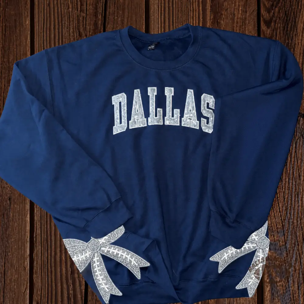 Custom Game Day Sequin Team Name Football Bow Hem Sweatshirt Crewneck