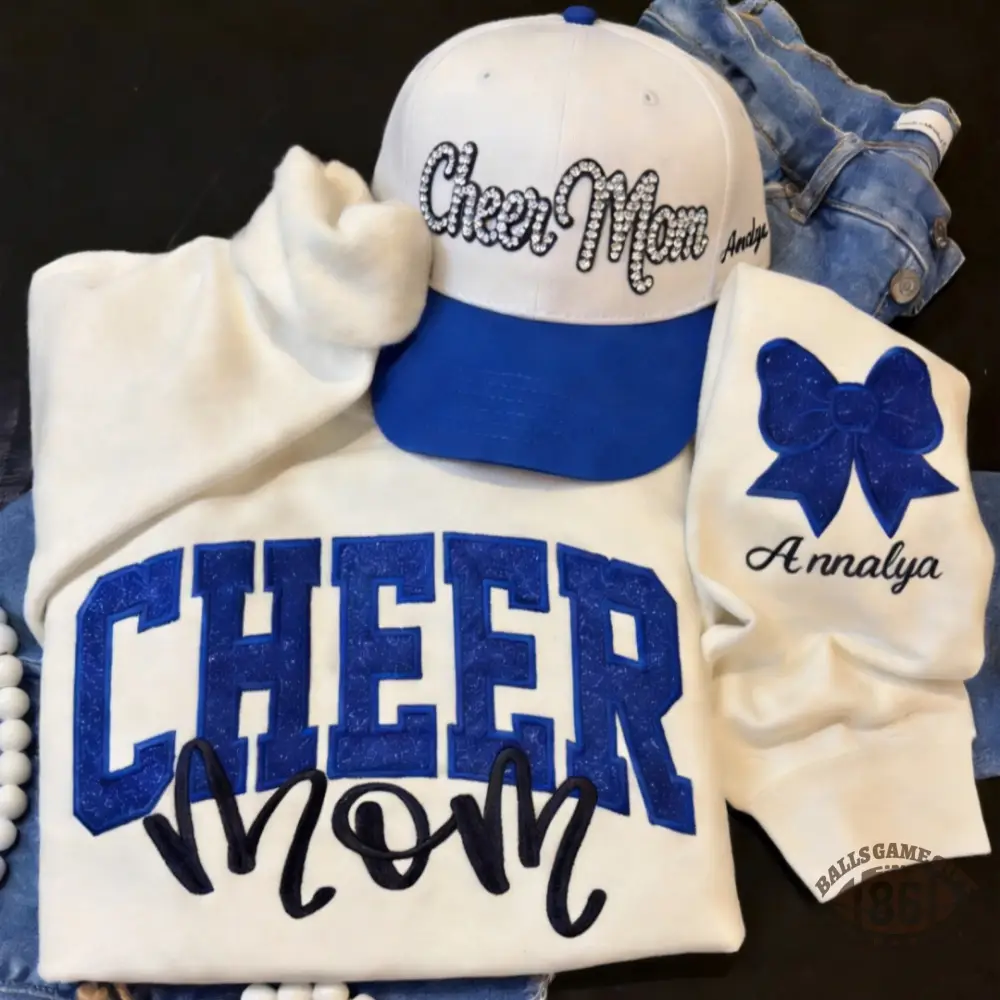 Custom Glitter Cheer Mom Sweatshirt, Glitter Bow Embroidery Personalized Name Game Day Crewneck