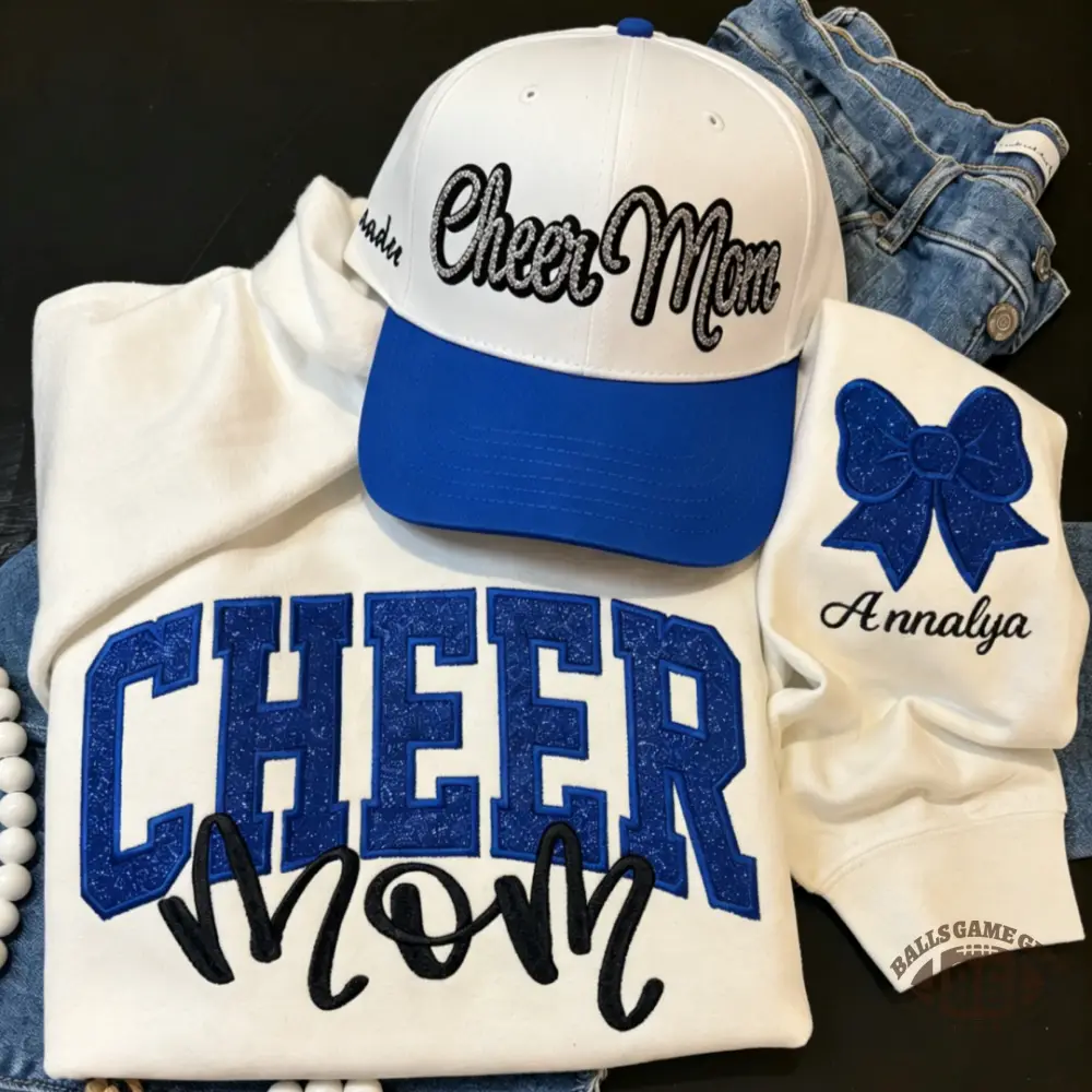 Custom Glitter Cheer Mom Sweatshirt, Glitter Bow Embroidery Personalized Name Game Day Crewneck