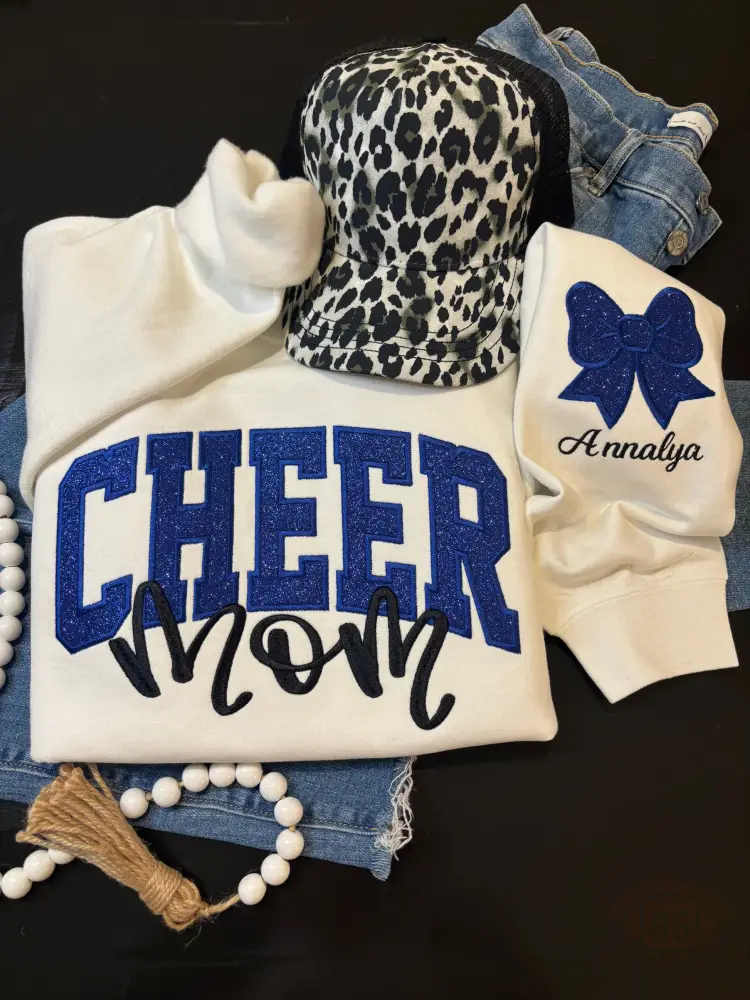 Custom Glitter Cheer Mom Sweatshirt, Glitter Bow Embroidery Personalized Name Game Day Crewneck