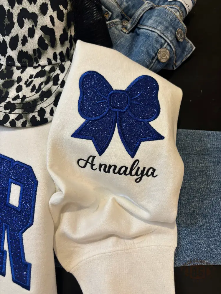 Custom Glitter Cheer Mom Sweatshirt, Glitter Bow Embroidery Personalized Name Game Day Crewneck