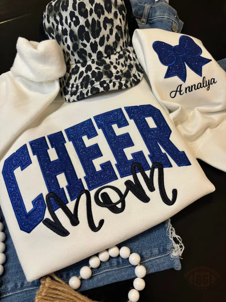 Custom Glitter Cheer Mom Sweatshirt, Glitter Bow Embroidery Personalized Name Game Day Crewneck