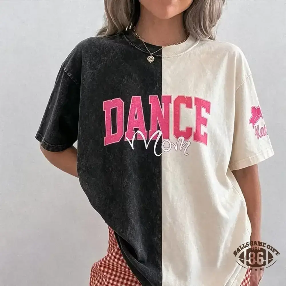  Custom Glitter Dance Embroidered Mom Two Tone Washed T-Shirt with Glitter Bow on Sleeve