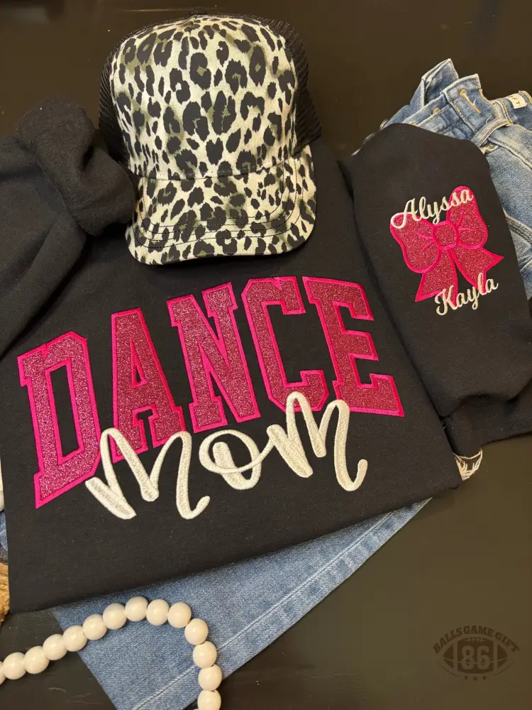 Custom Glitter Dance Mom Sweatshirt, Embroidery Glitter Bow Name Game Day Tee