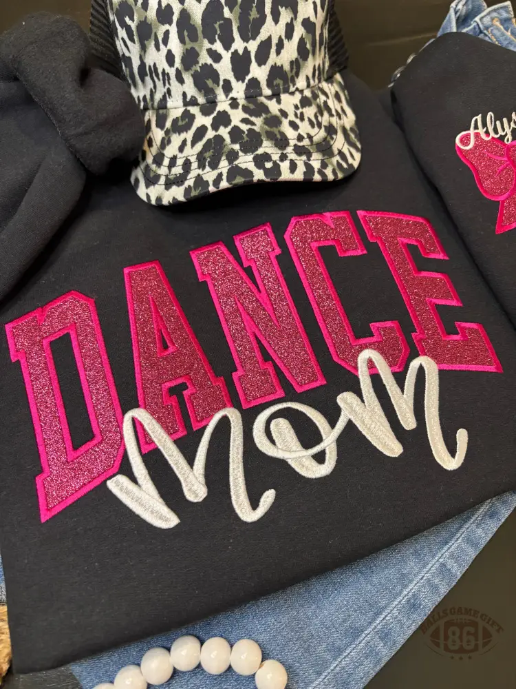 Custom Glitter Dance Mom Sweatshirt, Embroidery Glitter Bow Name Game Day Tee