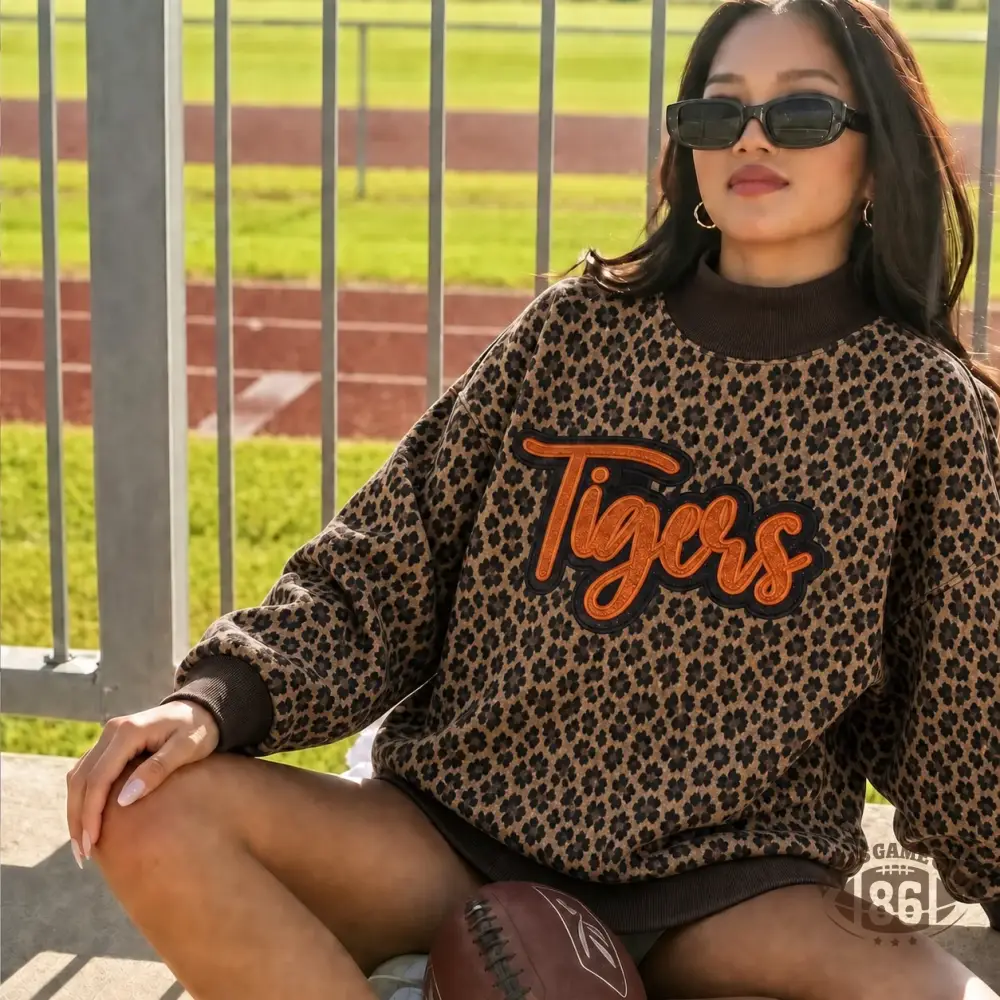 Custom Glitter Team Name Leopard Mockneck Sweatshirt | Game Day Spirit Top