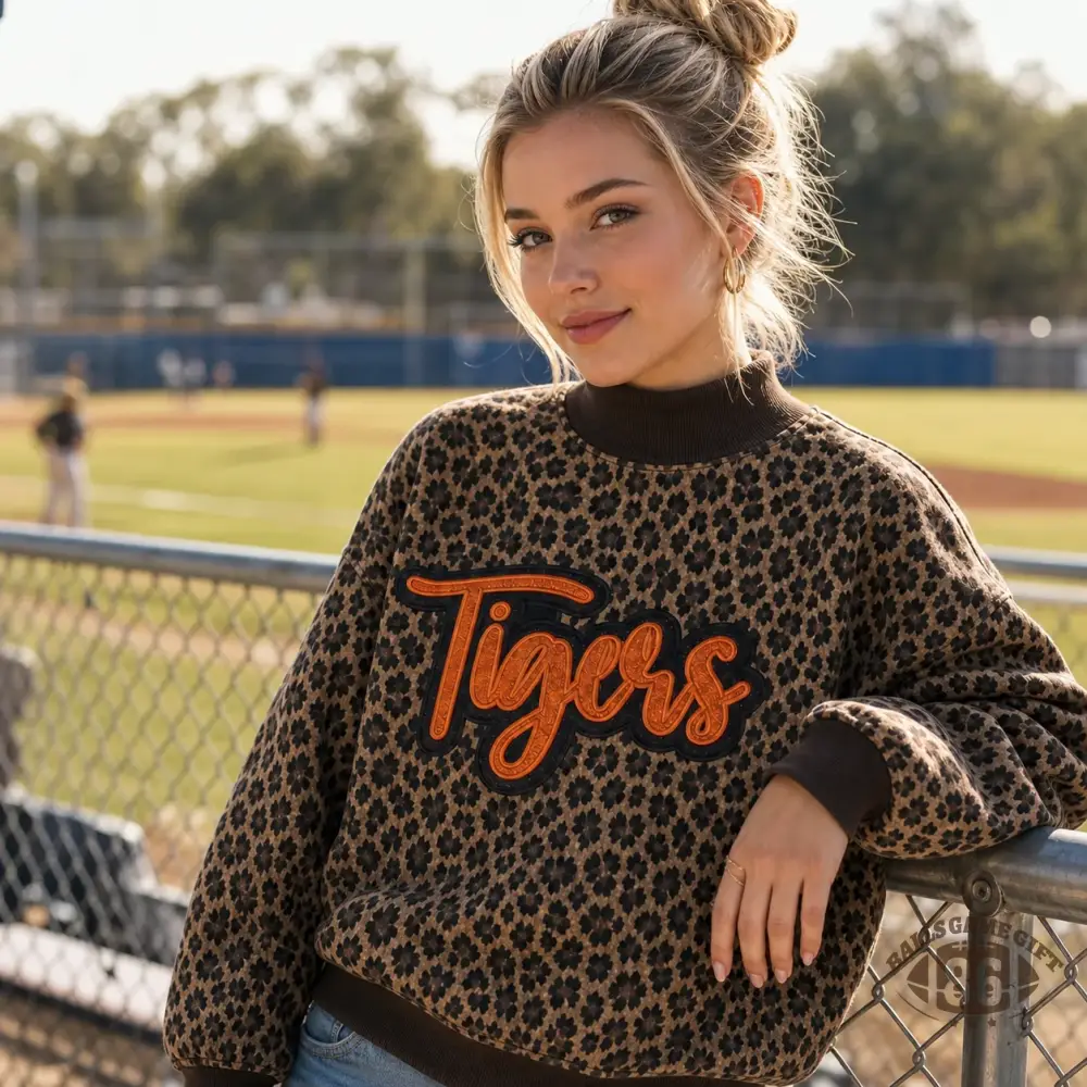 Custom Glitter Team Name Leopard Mockneck Sweatshirt | Game Day Spirit Top