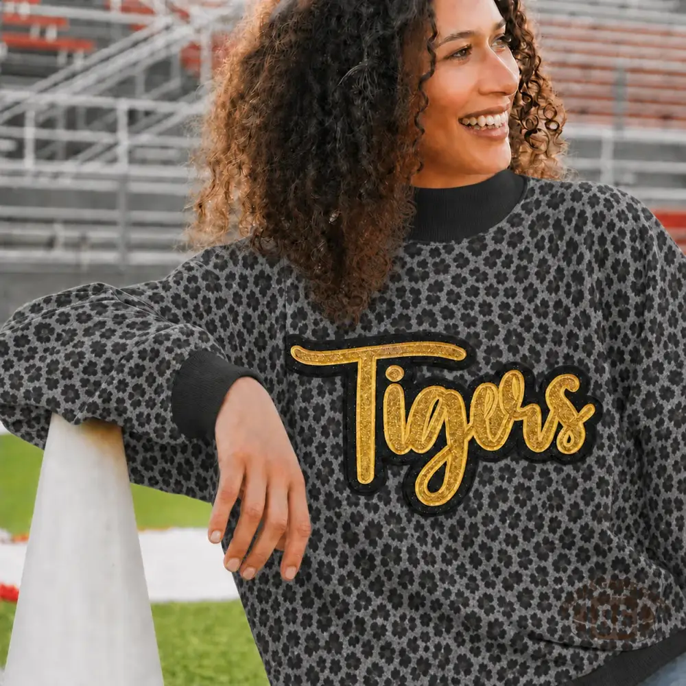 Custom Glitter Team Name Leopard Mockneck Sweatshirt | Game Day Spirit Top